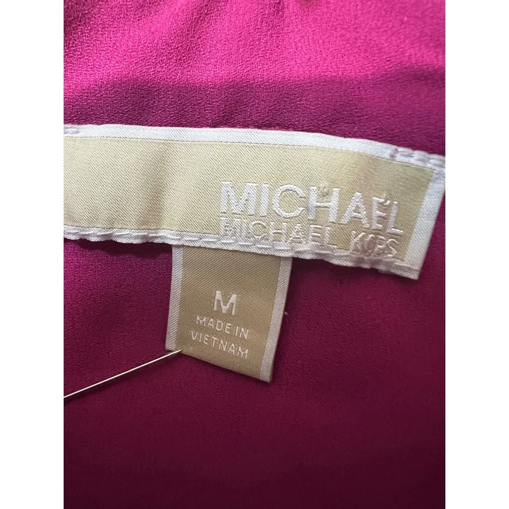 Michael Kors Women Pink Half Zip Roll Tab Sleeve Blouse Top Medium